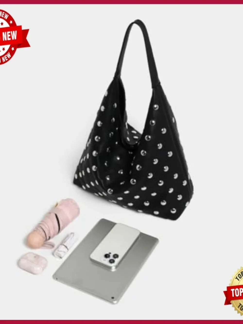 Large Vegan Leather Studded Hobo Bag with Faux Fur Lining